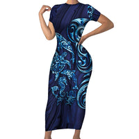 New Zealand Connecting with Seas Short Sleeve Bodycon Dress Maori Tribal and Sea Animals Tattoo - Sea Texture Glass Style LT03 Long Dress Navy - Polynesian Pride