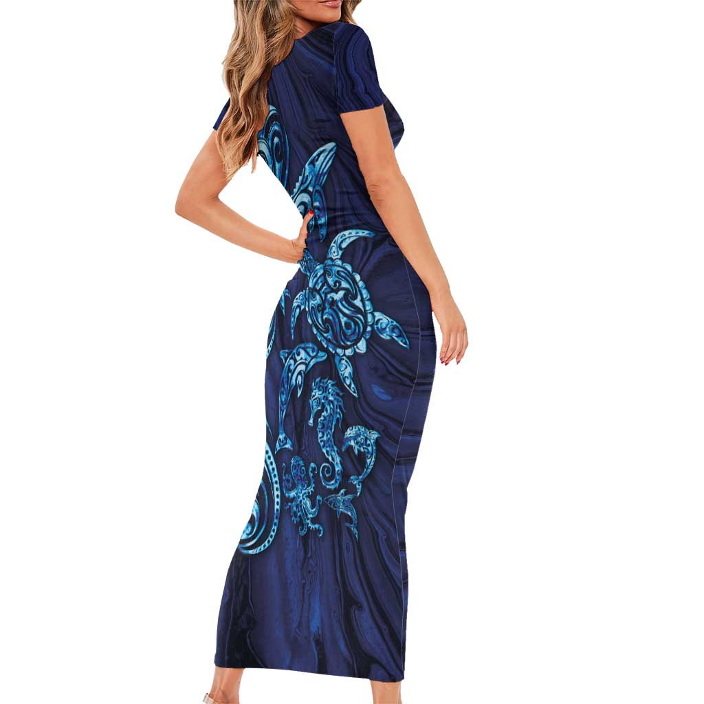 New Zealand Connecting with Seas Short Sleeve Bodycon Dress Maori Tribal and Sea Animals Tattoo - Sea Texture Glass Style LT03 - Polynesian Pride