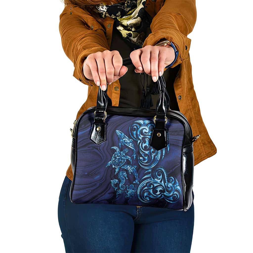 New Zealand Connecting with Seas Shoulder Handbag Maori Tribal and Sea Animals Tattoo - Sea Texture Glass Style LT03 One Size Navy - Polynesian Pride