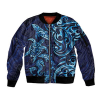 New Zealand Connecting with Seas Sleeve Zip Bomber Jacket Maori Tribal and Sea Animals Tattoo - Sea Texture Glass Style LT03 Unisex Navy - Polynesian Pride