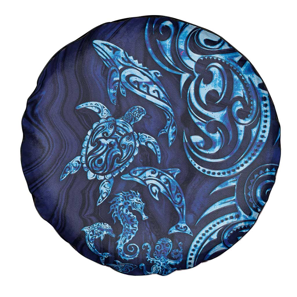 New Zealand Connecting with Seas Spare Tire Cover Maori Tribal and Sea Animals Tattoo - Sea Texture Glass Style LT03 - Polynesian Pride