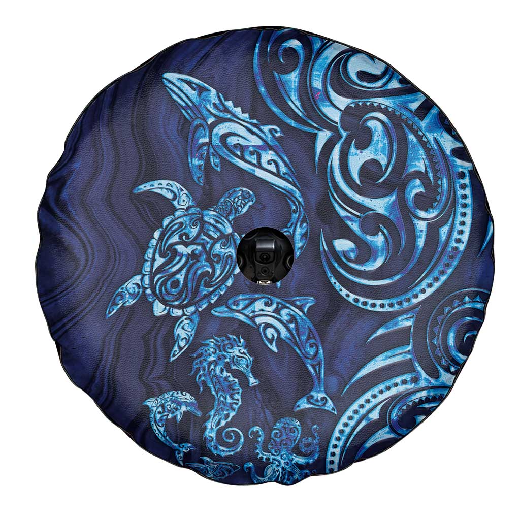 New Zealand Connecting with Seas Spare Tire Cover Maori Tribal and Sea Animals Tattoo - Sea Texture Glass Style LT03 - Polynesian Pride