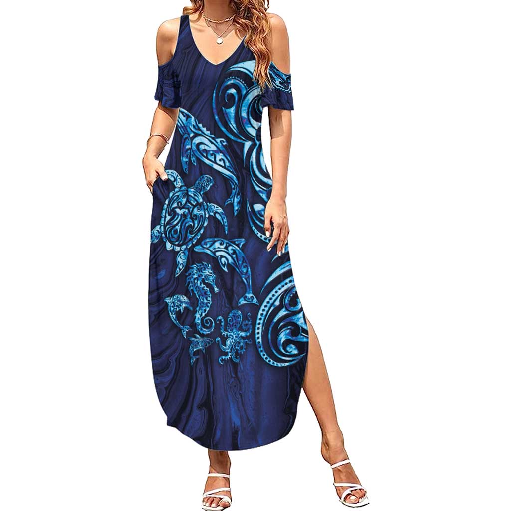 New Zealand Connecting with Seas Summer Maxi Dress Maori Tribal and Sea Animals Tattoo - Sea Texture Glass Style