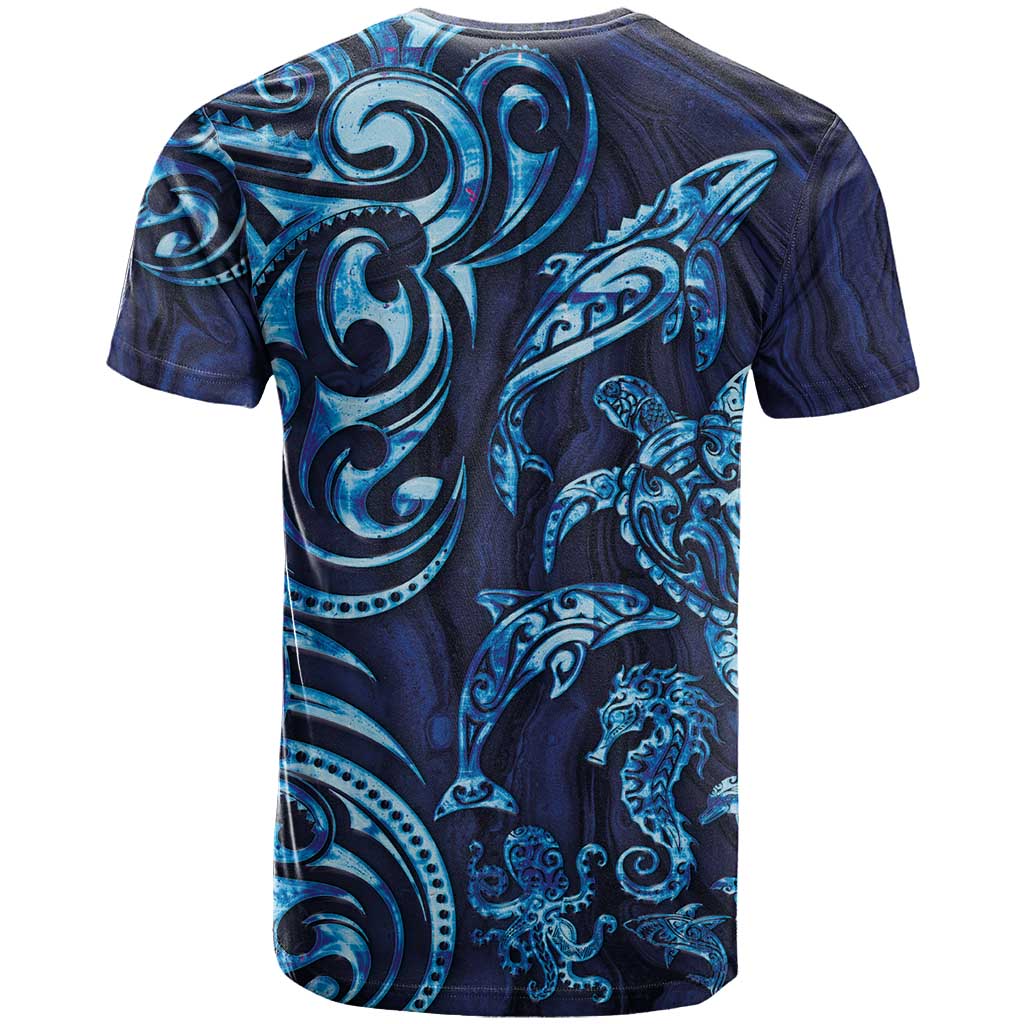 New Zealand Connecting with Seas T Shirt Maori Tribal and Sea Animals Tattoo - Sea Texture Glass Style LT03 - Polynesian Pride
