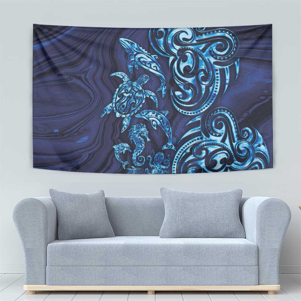 New Zealand Connecting with Seas Tapestry Maori Tribal and Sea Animals Tattoo - Sea Texture Glass Style LT03 - Polynesian Pride