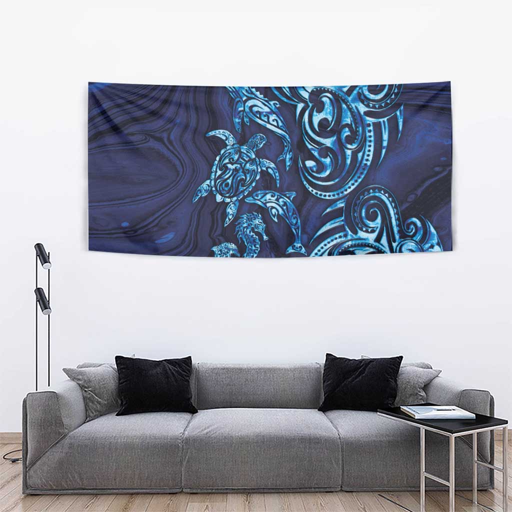 New Zealand Connecting with Seas Tapestry Maori Tribal and Sea Animals Tattoo - Sea Texture Glass Style LT03 - Polynesian Pride