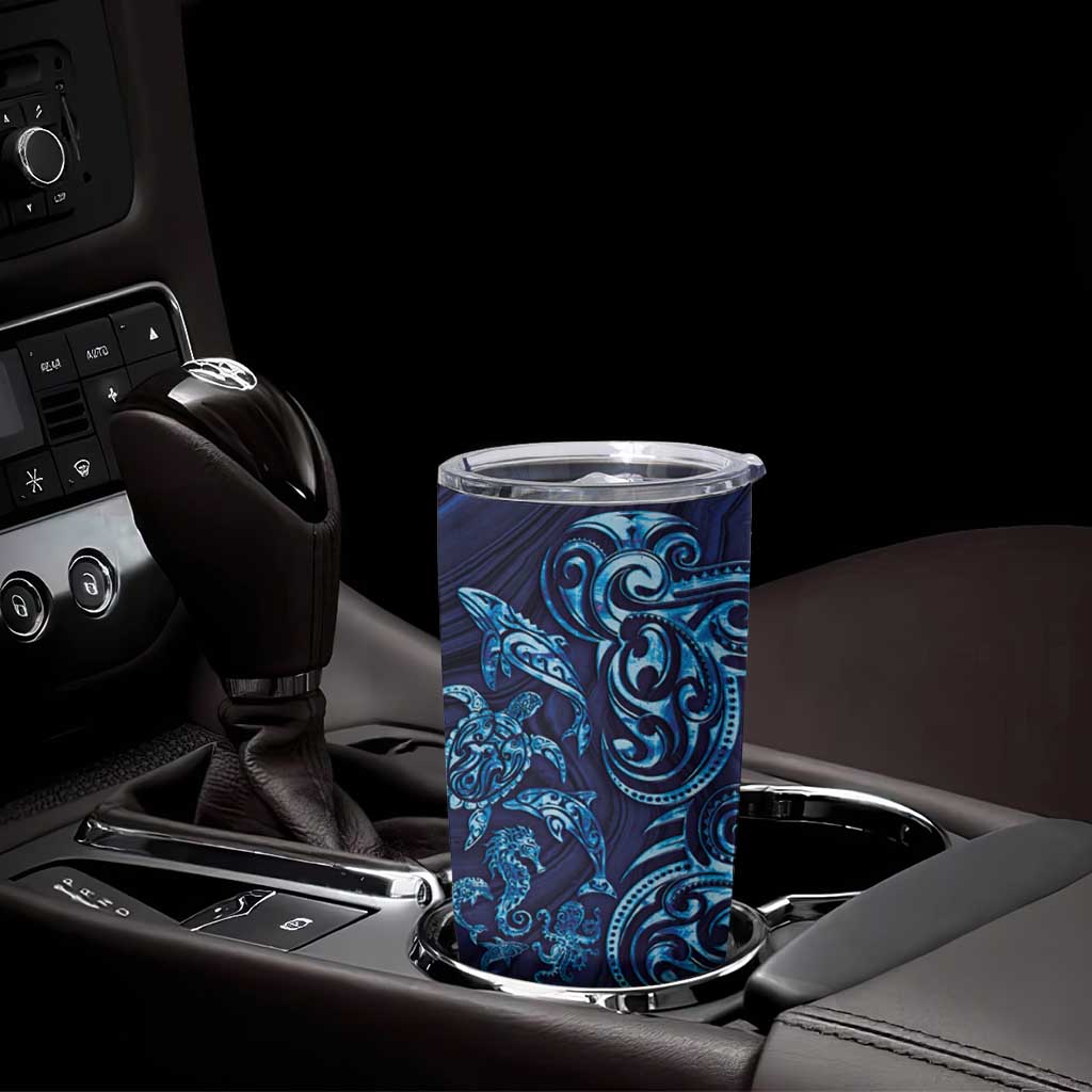 New Zealand Connecting with Seas Tumbler Cup Maori Tribal and Sea Animals Tattoo - Sea Texture Glass Style LT03 - Polynesian Pride