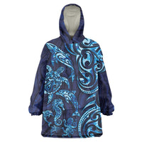 New Zealand Connecting with Seas Wearable Blanket Hoodie Maori Tribal and Sea Animals Tattoo - Sea Texture Glass Style LT03 One Size Navy - Polynesian Pride