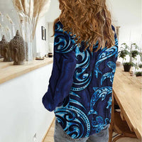 New Zealand Connecting with Seas Women Casual Shirt Maori Tribal and Sea Animals Tattoo - Sea Texture Glass Style LT03 - Polynesian Pride