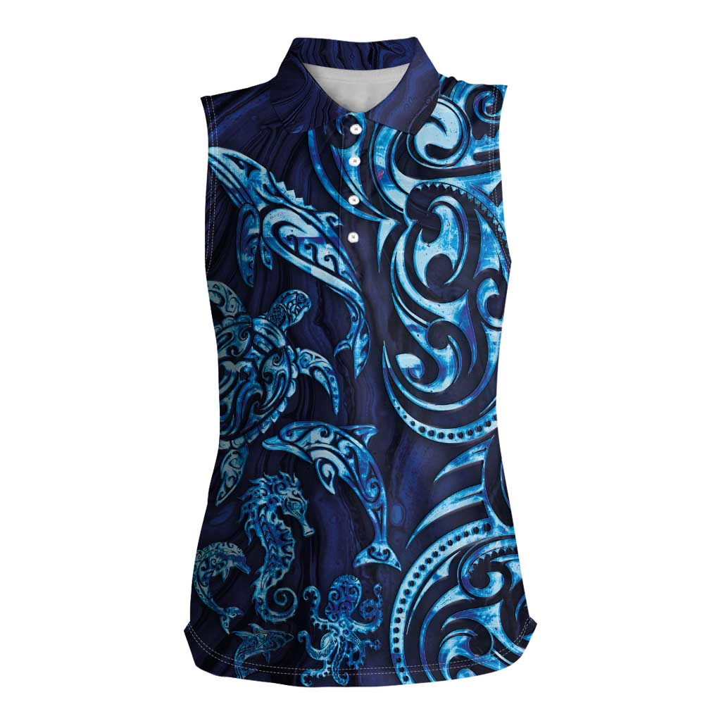 New Zealand Connecting with Seas Women Sleeveless Polo Shirt Maori Tribal and Sea Animals Tattoo - Sea Texture Glass Style LT03 Female Navy - Polynesian Pride
