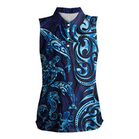 New Zealand Connecting with Seas Women Sleeveless Polo Shirt Maori Tribal and Sea Animals Tattoo - Sea Texture Glass Style LT03 Female Navy - Polynesian Pride