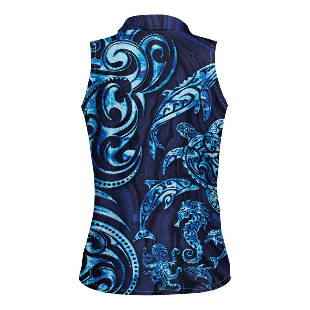 New Zealand Connecting with Seas Women Sleeveless Polo Shirt Maori Tribal and Sea Animals Tattoo - Sea Texture Glass Style LT03 - Polynesian Pride