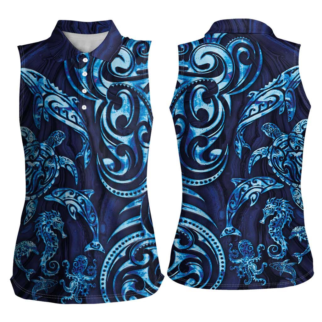 New Zealand Connecting with Seas Women Sleeveless Polo Shirt Maori Tribal and Sea Animals Tattoo - Sea Texture Glass Style LT03 - Polynesian Pride