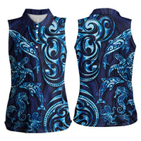 New Zealand Connecting with Seas Women Sleeveless Polo Shirt Maori Tribal and Sea Animals Tattoo - Sea Texture Glass Style LT03 - Polynesian Pride