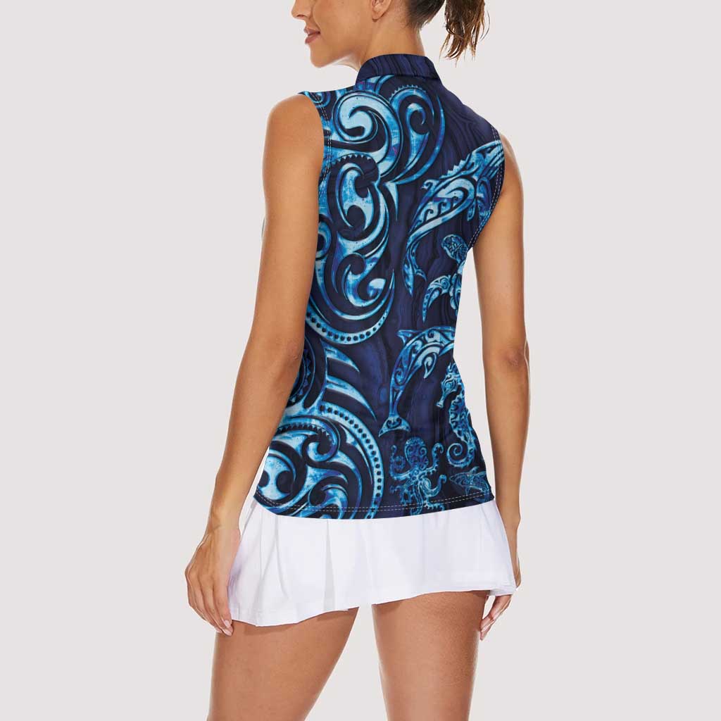New Zealand Connecting with Seas Women Sleeveless Polo Shirt Maori Tribal and Sea Animals Tattoo - Sea Texture Glass Style LT03 - Polynesian Pride