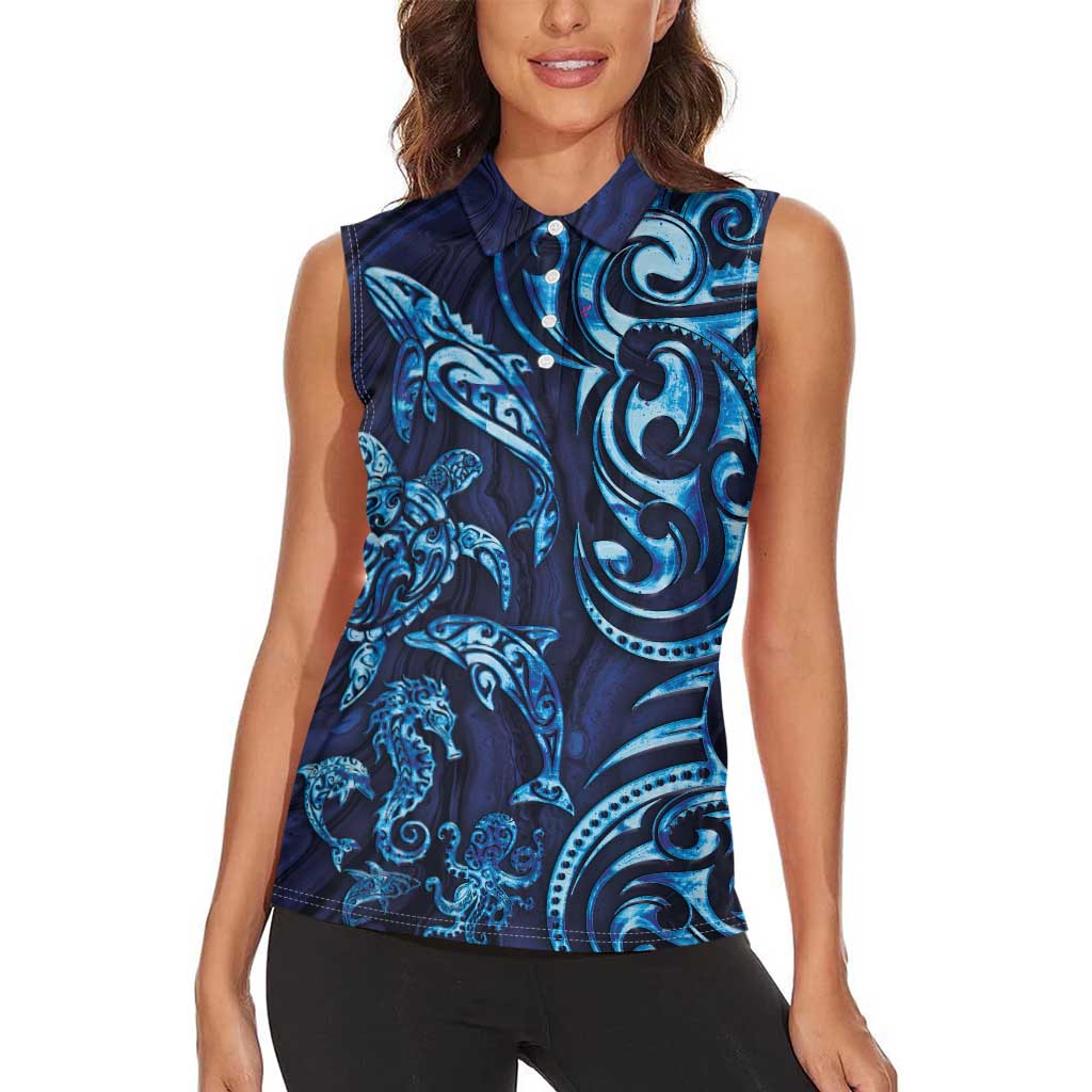 New Zealand Connecting with Seas Women Sleeveless Polo Shirt Maori Tribal and Sea Animals Tattoo - Sea Texture Glass Style LT03 - Polynesian Pride
