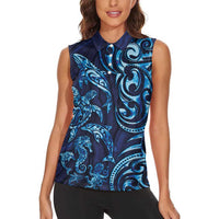 New Zealand Connecting with Seas Women Sleeveless Polo Shirt Maori Tribal and Sea Animals Tattoo - Sea Texture Glass Style LT03 - Polynesian Pride