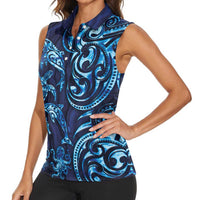 New Zealand Connecting with Seas Women Sleeveless Polo Shirt Maori Tribal and Sea Animals Tattoo - Sea Texture Glass Style LT03 - Polynesian Pride