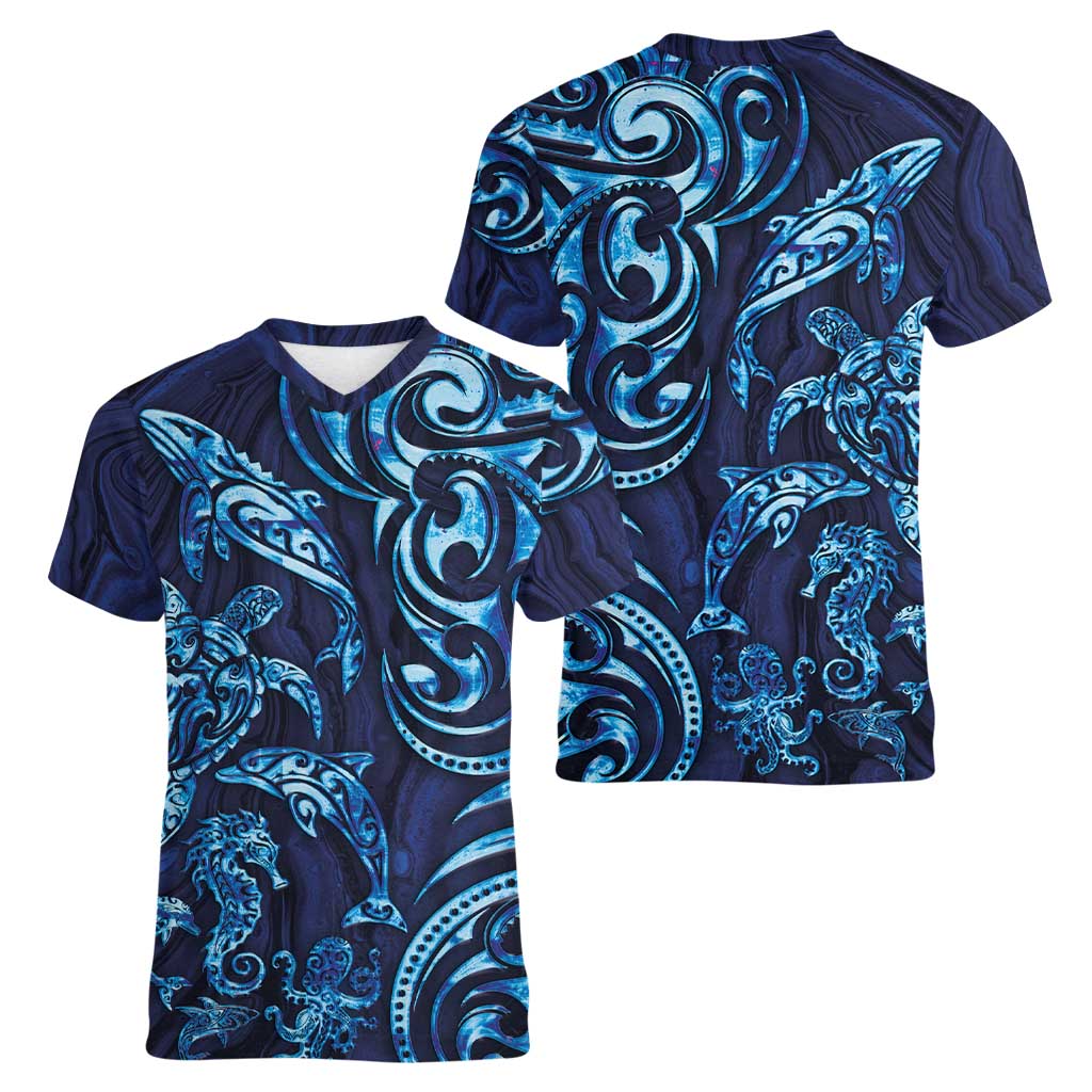 New Zealand Connecting with Seas Women V-Neck T-Shirt Maori Tribal and Sea Animals Tattoo - Sea Texture Glass Style LT03 - Polynesian Pride