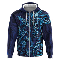 New Zealand Connecting with Seas Zip Hoodie Maori Tribal and Sea Animals Tattoo - Sea Texture Glass Style LT03 Zip Hoodie Navy - Polynesian Pride