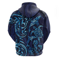 New Zealand Connecting with Seas Zip Hoodie Maori Tribal and Sea Animals Tattoo - Sea Texture Glass Style LT03 - Polynesian Pride