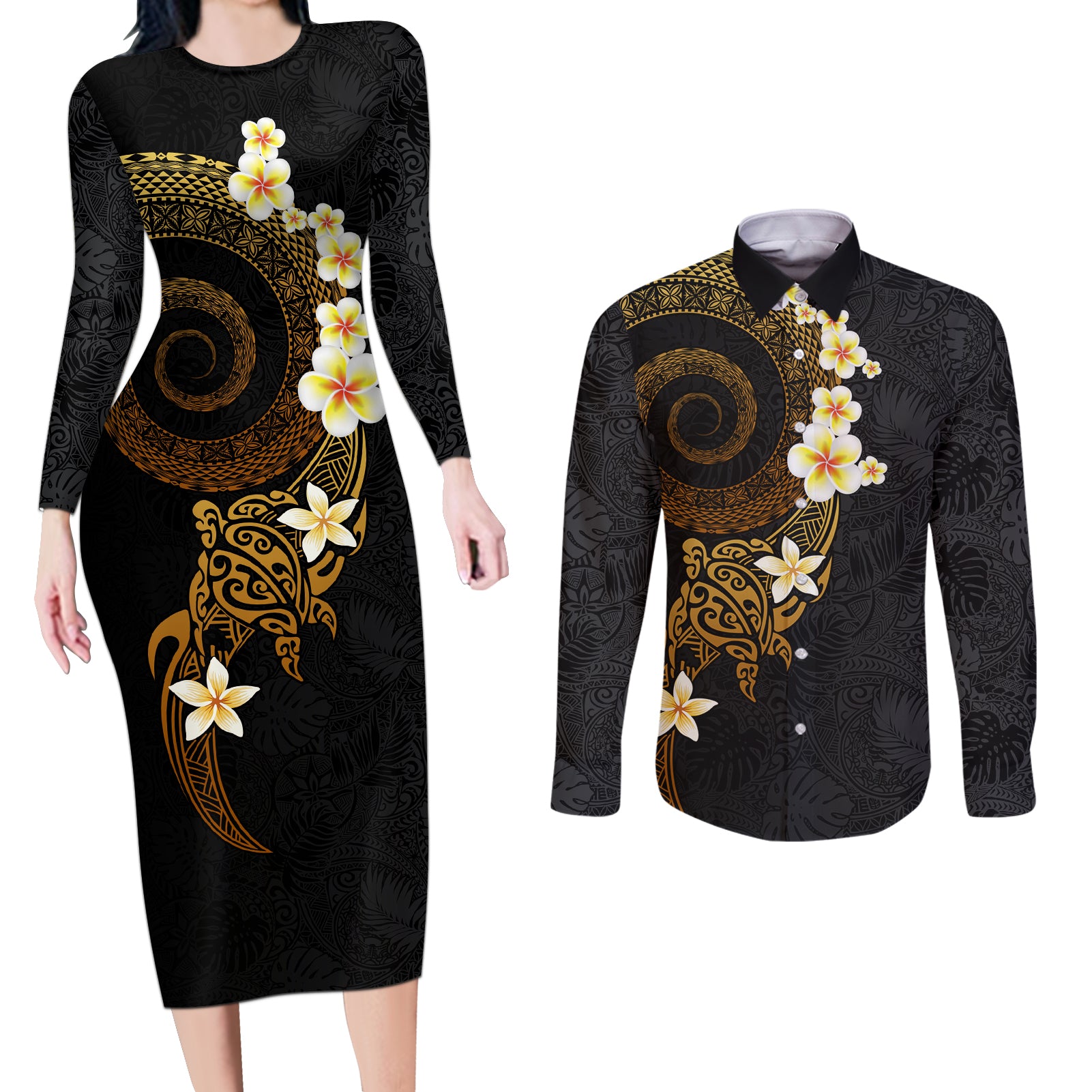 Polynesian Spiral Tribal Tattoo Couples Matching Long Sleeve Bodycon Dress and Long Sleeve Button Shirt Golden Color