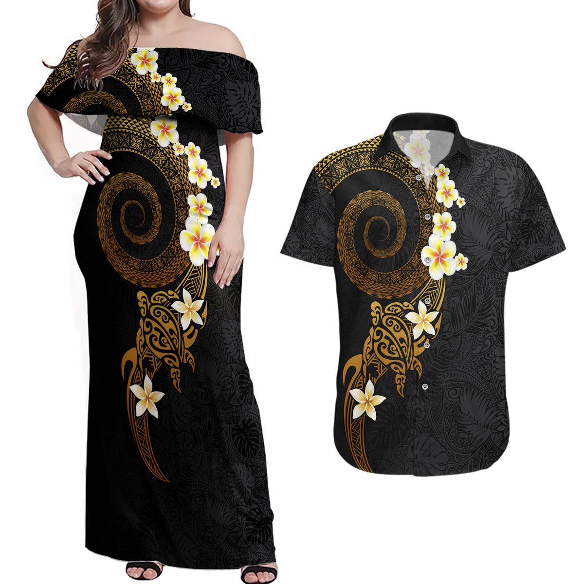Polynesian Spiral Tribal Tattoo Couples Matching Off Shoulder Maxi Dress and Hawaiian Shirt Golden Color LT03 Yellow - Polynesian Pride