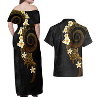 Polynesian Spiral Tribal Tattoo Couples Matching Off Shoulder Maxi Dress and Hawaiian Shirt Golden Color LT03 - Polynesian Pride