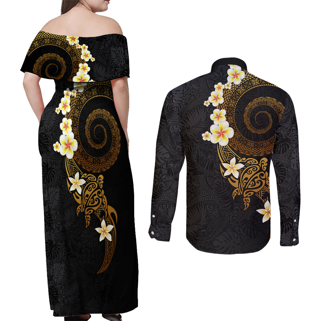 Polynesian Spiral Tribal Tattoo Couples Matching Off Shoulder Maxi Dress and Long Sleeve Button Shirt Golden Color
