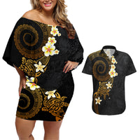 Polynesian Spiral Tribal Tattoo Couples Matching Off Shoulder Short Dress and Hawaiian Shirt Golden Color