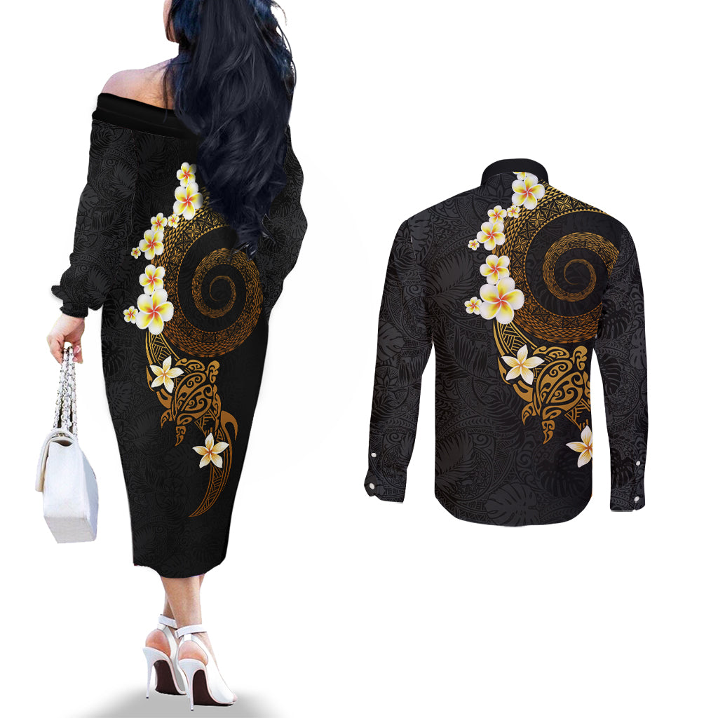 Polynesian Spiral Tribal Tattoo Couples Matching Off The Shoulder Long Sleeve Dress and Long Sleeve Button Shirt Golden Color