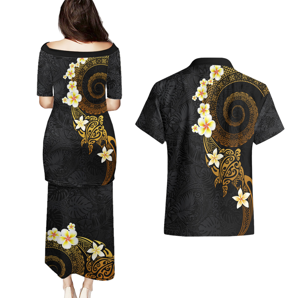 Polynesian Spiral Tribal Tattoo Couples Matching Puletasi and Hawaiian Shirt Golden Color LT03 - Polynesian Pride