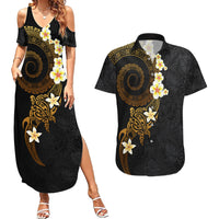 Polynesian Spiral Tribal Tattoo Couples Matching Summer Maxi Dress and Hawaiian Shirt Golden Color