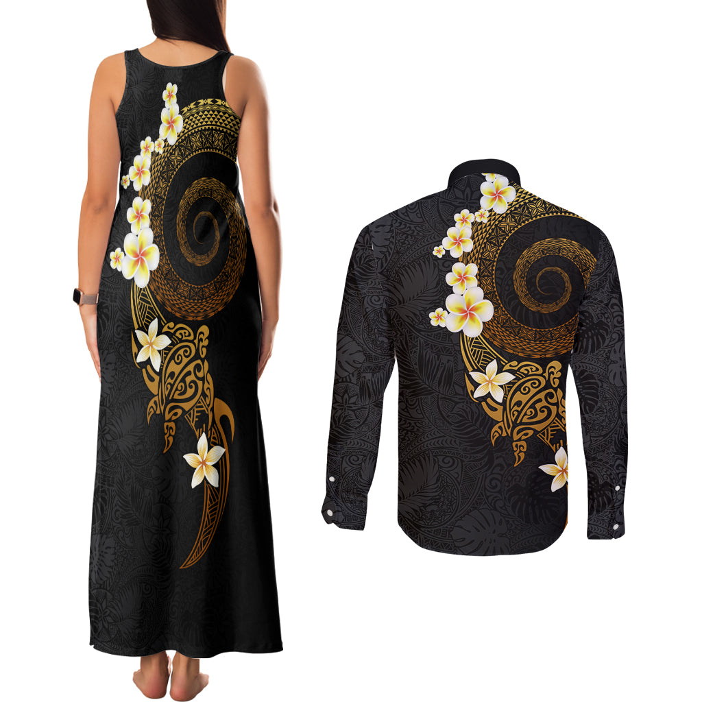 Polynesian Spiral Tribal Tattoo Couples Matching Tank Maxi Dress and Long Sleeve Button Shirt Golden Color