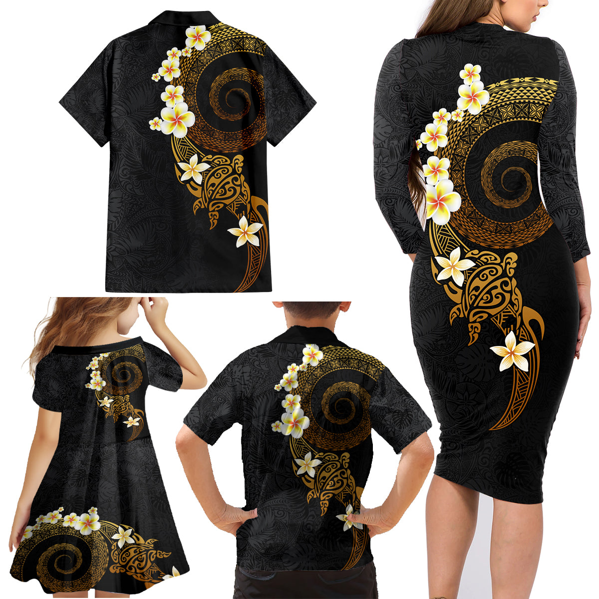 Polynesian Spiral Tribal Tattoo Family Matching Long Sleeve Bodycon Dress and Hawaiian Shirt Golden Color
