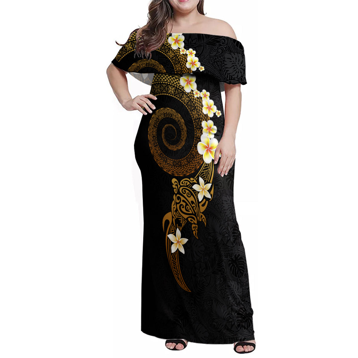 Polynesian Spiral Tribal Tattoo Family Matching Off Shoulder Maxi Dress and Hawaiian Shirt Golden Color LT03 Mom's Dress Yellow - Polynesian Pride