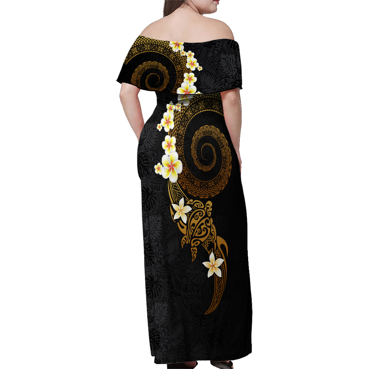 Polynesian Spiral Tribal Tattoo Family Matching Off Shoulder Maxi Dress and Hawaiian Shirt Golden Color LT03 - Polynesian Pride