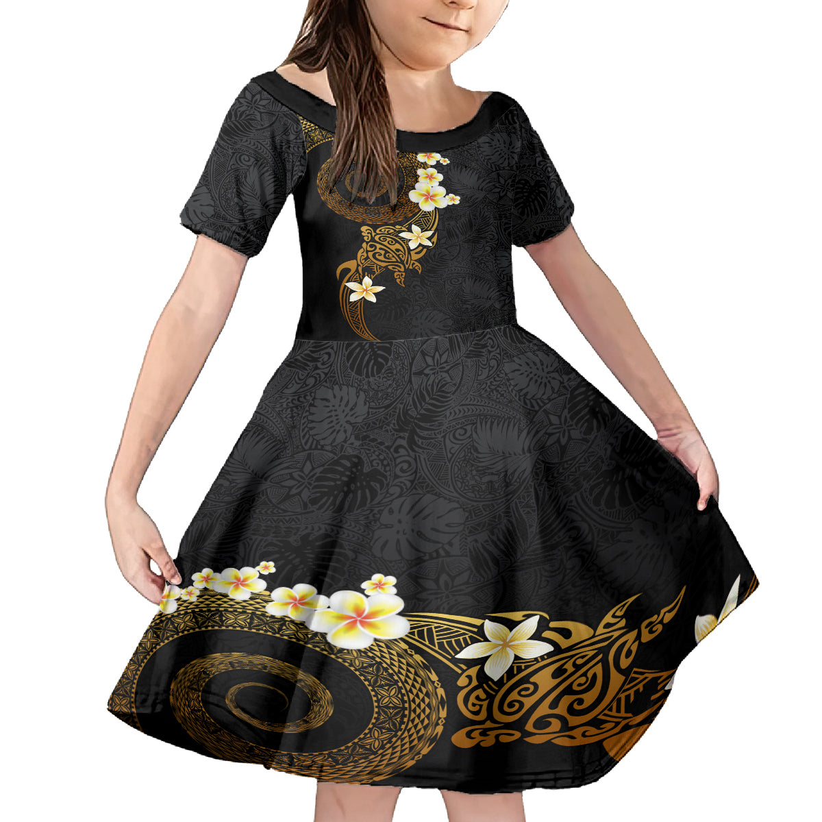 Polynesian Spiral Tribal Tattoo Family Matching Puletasi and Hawaiian Shirt Golden Color LT03 Daughter's Dress Yellow - Polynesian Pride