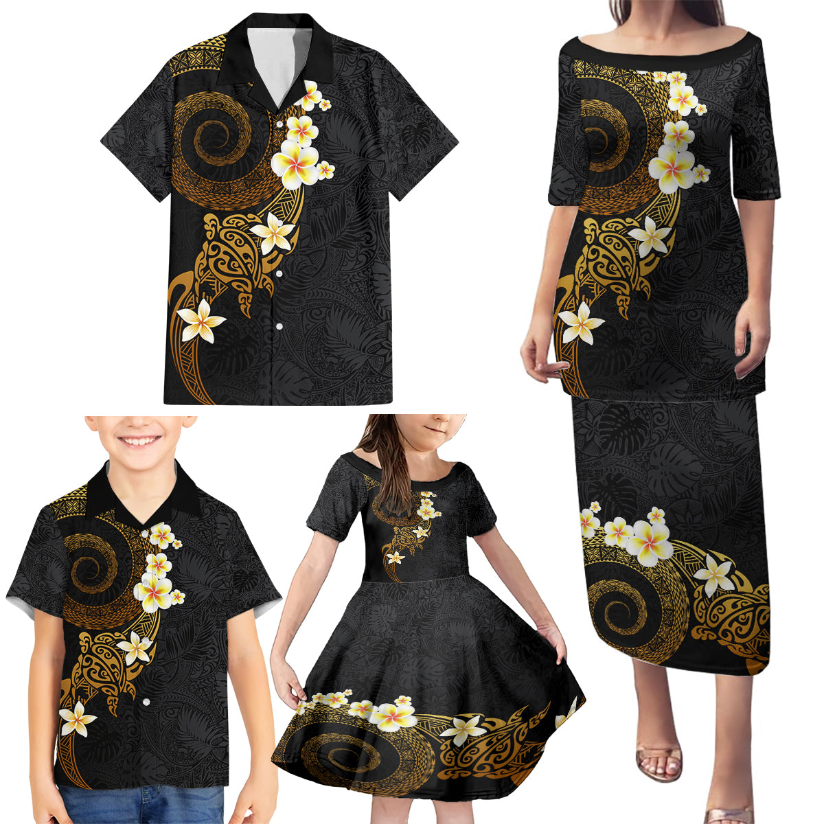 Polynesian Spiral Tribal Tattoo Family Matching Puletasi and Hawaiian Shirt Golden Color LT03 - Polynesian Pride