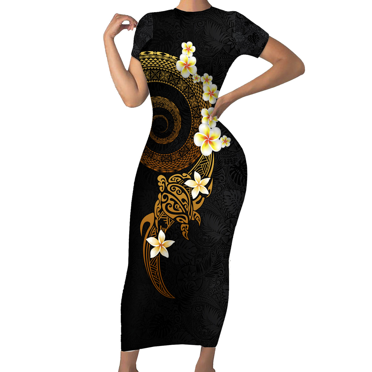 Polynesian Spiral Tribal Tattoo Short Sleeve Bodycon Dress Golden Color LT03 Long Dress Yellow - Polynesian Pride