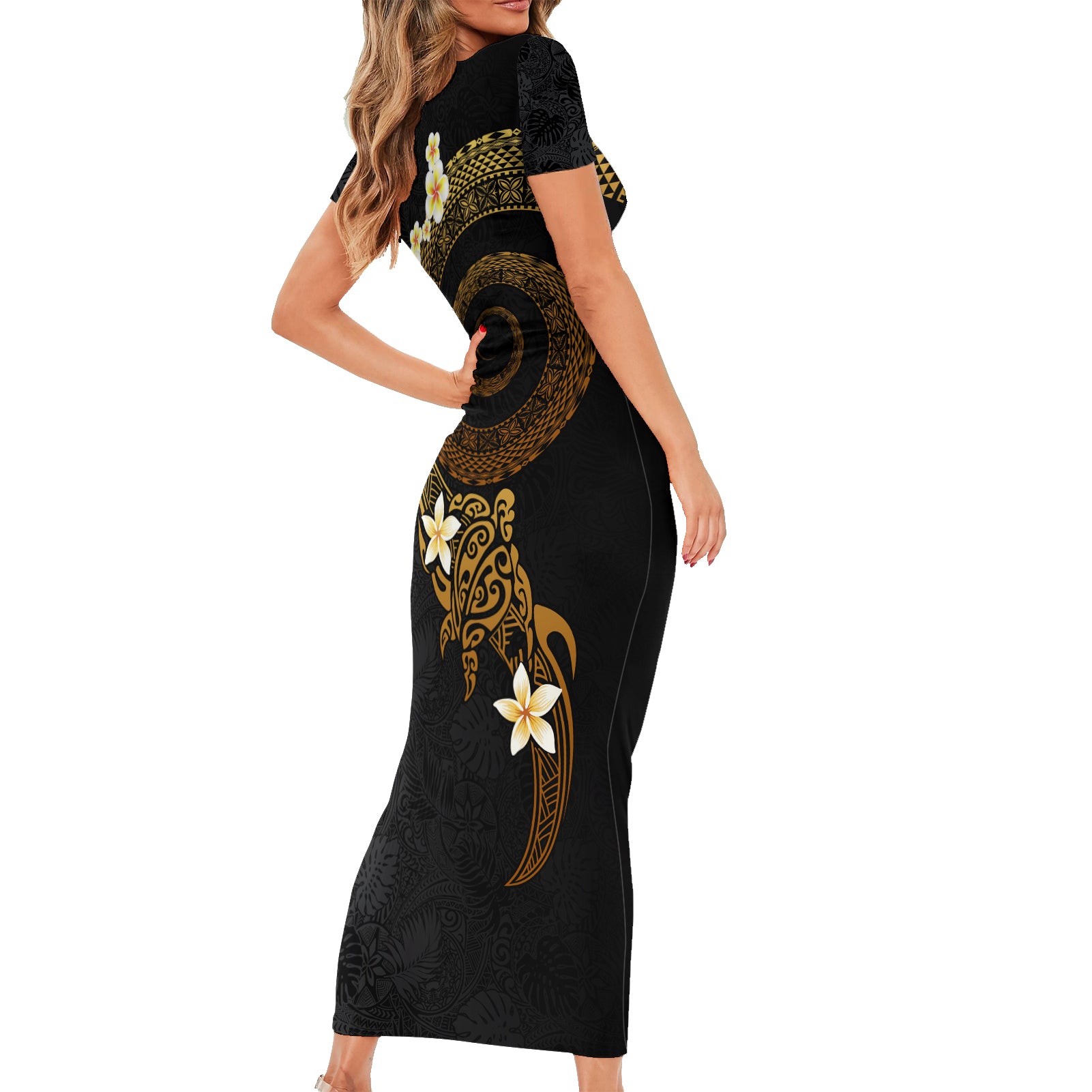 Polynesian Spiral Tribal Tattoo Short Sleeve Bodycon Dress Golden Color