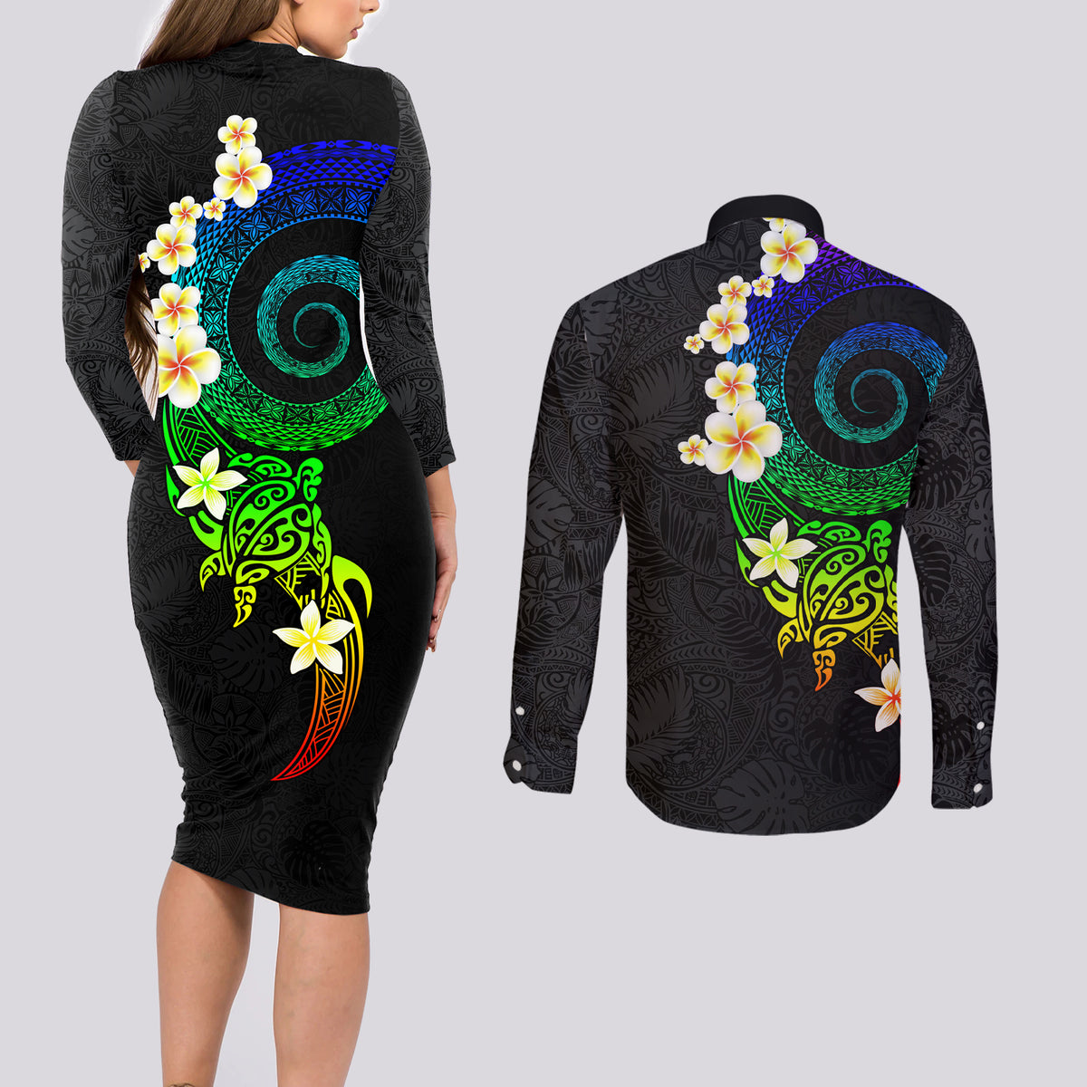 Polynesian Spiral Tribal Tattoo Couples Matching Long Sleeve Bodycon Dress and Long Sleeve Button Shirt Fanciful Color