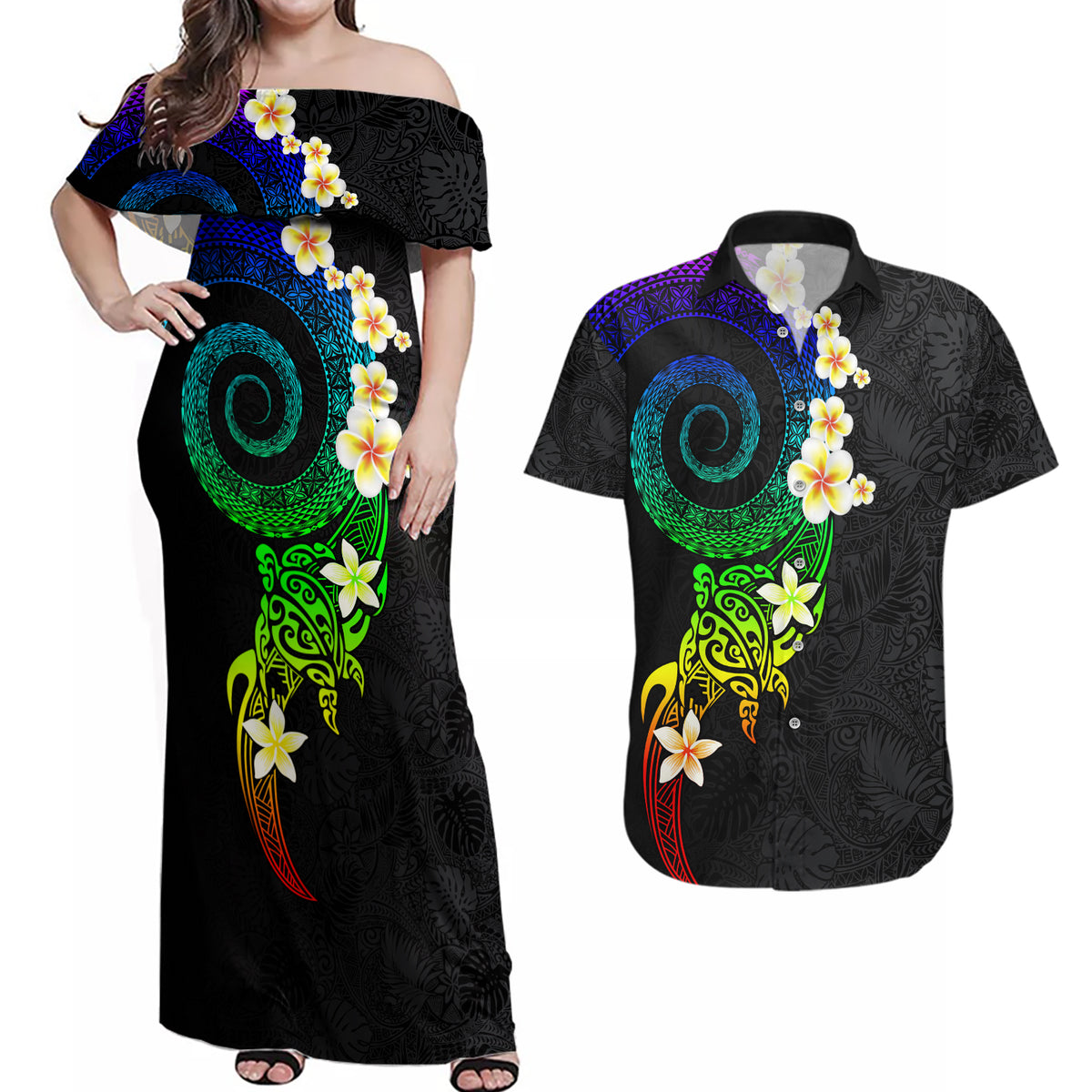 Polynesian Spiral Tribal Tattoo Couples Matching Off Shoulder Maxi Dress and Hawaiian Shirt Fanciful Color LT03 Black - Polynesian Pride