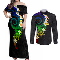 Polynesian Spiral Tribal Tattoo Couples Matching Off Shoulder Maxi Dress and Long Sleeve Button Shirt Fanciful Color