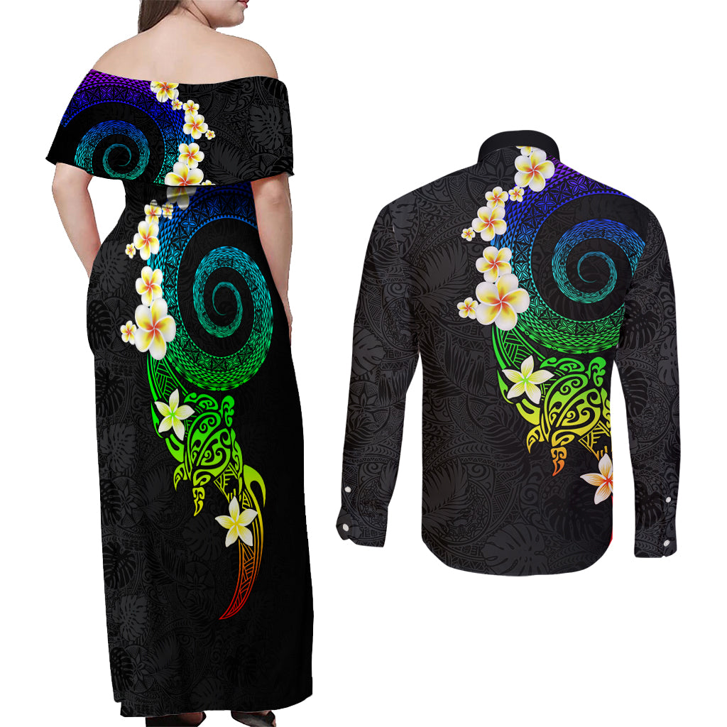 Polynesian Spiral Tribal Tattoo Couples Matching Off Shoulder Maxi Dress and Long Sleeve Button Shirt Fanciful Color