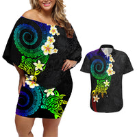 Polynesian Spiral Tribal Tattoo Couples Matching Off Shoulder Short Dress and Hawaiian Shirt Fanciful Color