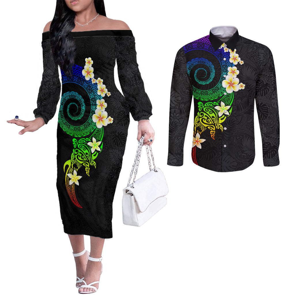 Polynesian Spiral Tribal Tattoo Couples Matching Off The Shoulder Long Sleeve Dress and Long Sleeve Button Shirt Fanciful Color