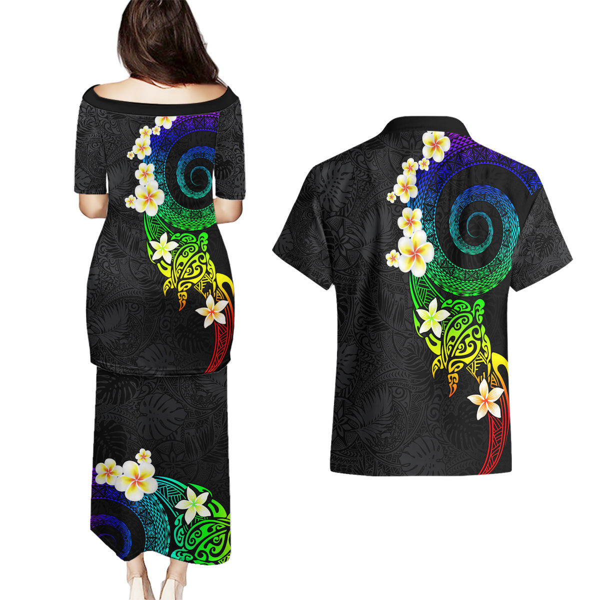 Polynesian Spiral Tribal Tattoo Couples Matching Puletasi and Hawaiian Shirt Fanciful Color LT03 - Polynesian Pride