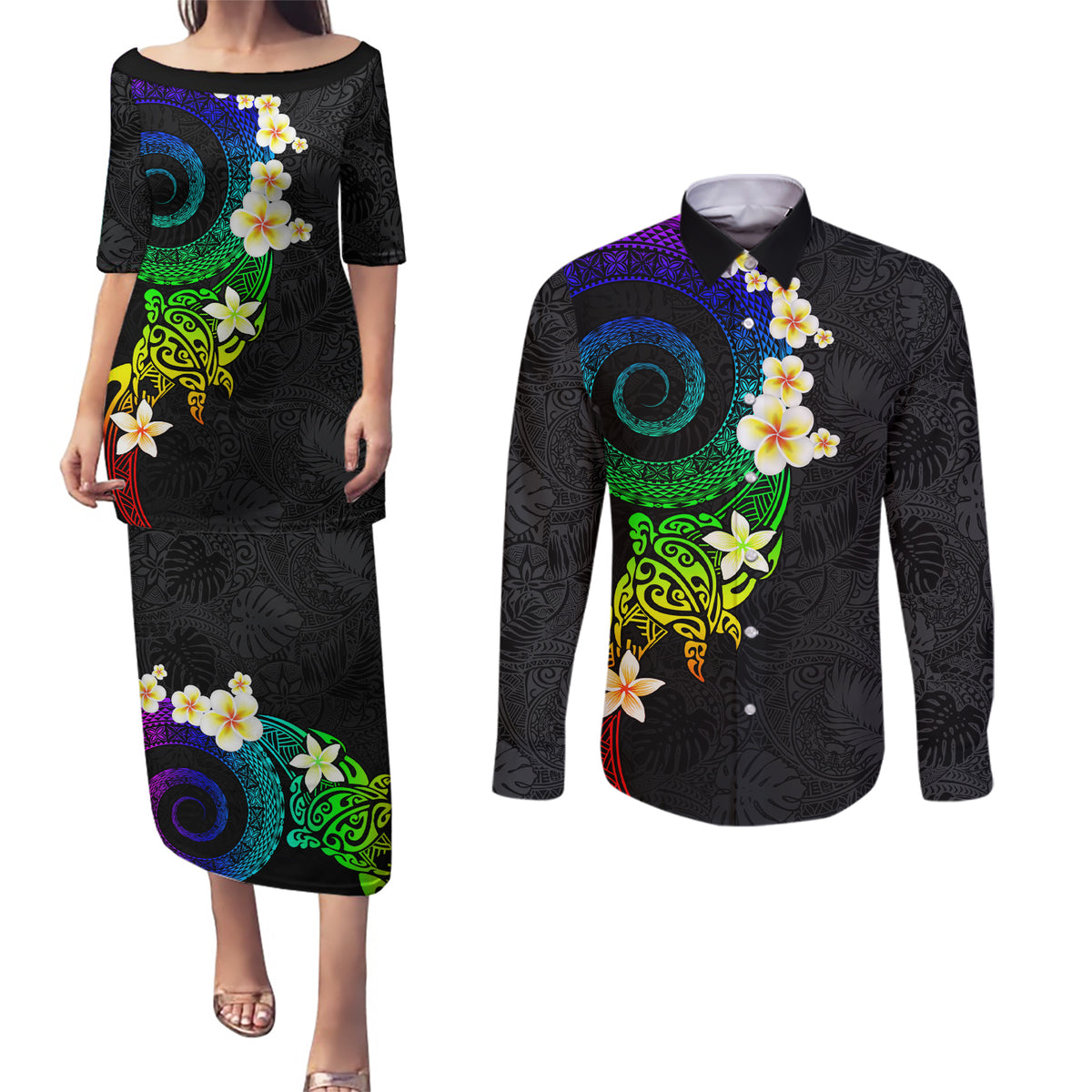 Polynesian Spiral Tribal Tattoo Couples Matching Puletasi and Long Sleeve Button Shirt Fanciful Color