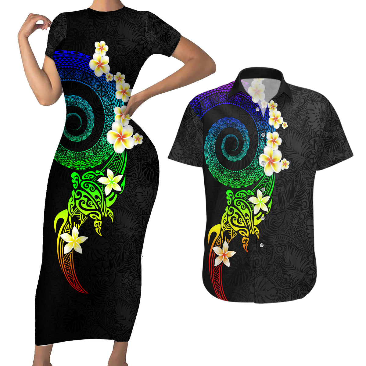 Polynesian Spiral Tribal Tattoo Couples Matching Short Sleeve Bodycon Dress and Hawaiian Shirt Fanciful Color LT03 Black - Polynesian Pride